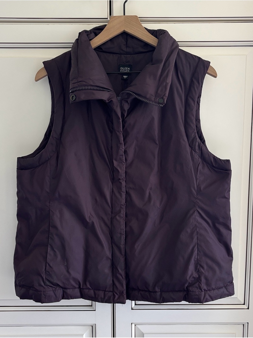 Eileen Fisher Down Puffer Vest Zip Purple Eggplant Pockets Cozy Womens Large